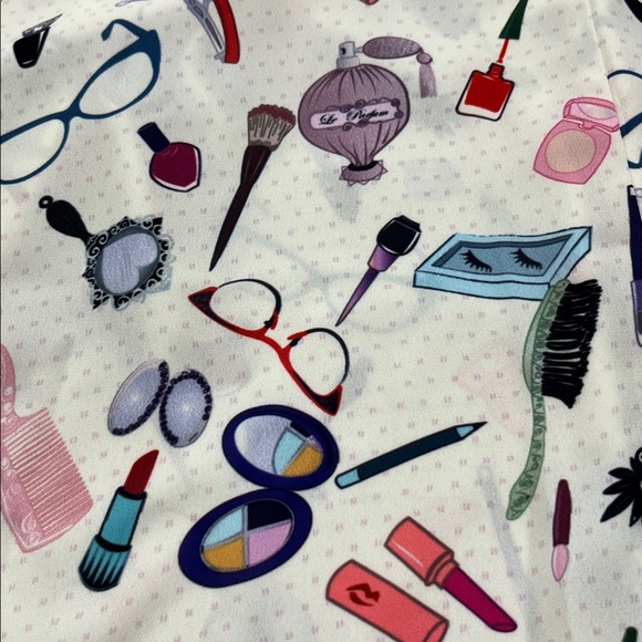 UNIQUE VINTAGE Retro Novelty "Make Up" Print SHT SLV Belted Full Skirt Dress XS - Picture 11 of 16